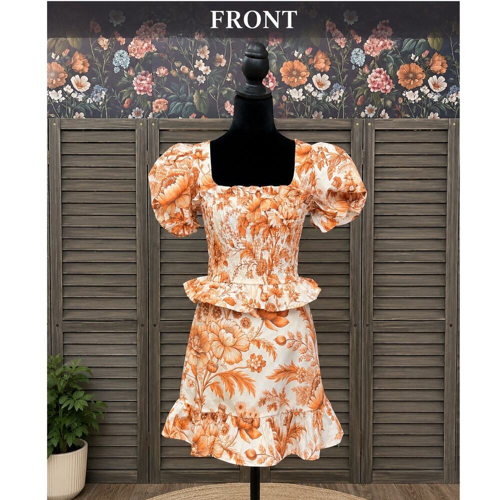 Vestique Flora Rust Floral Cotton Puff Sleeve Crop Top Mini Skirt Set L NWT - Picture 3 of 14